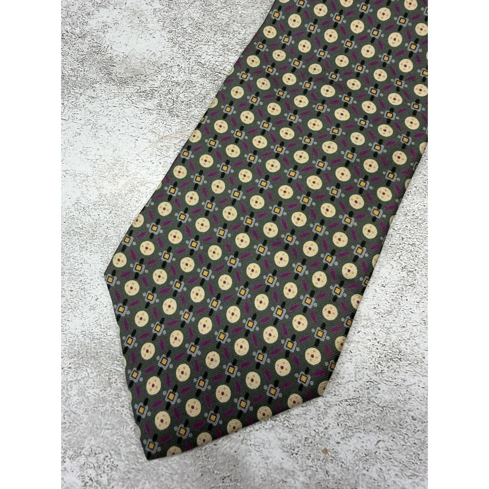 Christian Dior Tie Mens One Size Green Geometric 100% Silk Designer‎ Woven